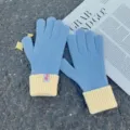 Gants tactiles en tricot bleu jaune pour femmes hiver chaud thermique anti-froid à doigts - Taille unique / Bleu ciel