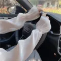 White sun protection sleeves for driving summer long loose ice silk UV protection arm sleeves - Love Style / Champagne