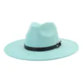 Detalle sombrero Fedora ante sintético verde menta, sombrero jazz ala ancha con cinturón PU negro. - 58cm / Verde menta