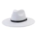 Detailed view of light grey faux suede fedora hat with black leather belt and metal buckle. - 58cm / Light Gray