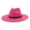 Sombrero fedora rosa de ante de moda con cinturón negro y hebilla, ala ancha plana de lana. - 58cm / Rosa rojo