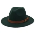 Close up of dark green fedora hat with brown leather belt and metal buckle detail. - 58cm / Dark Green