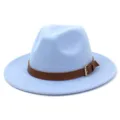 Light blue felt fedora hat with a brown leather belt strap and metal buckle detail. - 58cm / Sky Blue