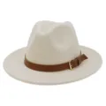 Classic wool fedora hat for men and women with brown leather belt and metal buckle. - 58cm / Beige