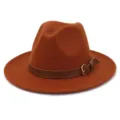 Details of the brown felt fedora hat featuring stylish leather strap and metal buckle. - 58cm / Rust Red