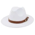 White woolen fedora hat with brown leather belt strap and metal buckle for elegant daily wear - 58cm / White