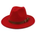 Classic red wool fedora hat with brown leather belt buckle strap flat wide brim jazz cap. - 58cm / Red