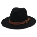 Classic black felt fedora hat with brown leather belt and metal buckle for men and women. - 58cm / Black