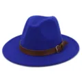 Blue wool fedora hat with brown belt buckle, elegant wide brim jazz hat for men and women. - 58cm / Sapphire Blue