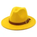 Yellow wool fedora hat with brown leather belt and metal buckle, wide flat brim stylish cap. - 58cm / Yellow