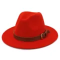 Red wool felt fedora hat for men and women, wide flat brim jazz cap with brown belt decor. - 58cm / Orange