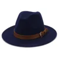 Navy blue wool fedora hat featuring a brown leather belt with metal buckle, detail view. - 58cm / Navy Blue