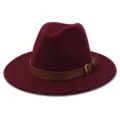 Wine red woolen fedora hat with brown leather strap and metal buckle, classic wide brim design. - 58cm / Burgundy
