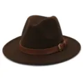 Classic brown wool felt fedora hat with leather belt strap and metal buckle for men and women. - 58cm / Coffee