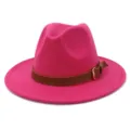 Pink felt fedora hat with brown leather belt detail, classic wide flat brim wool cap for daily wear. - 58cm / Rose Red