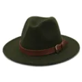 Dark green wool felt fedora hat detail, brown leather belt decoration, elegant retro style. - 58cm / Army Green