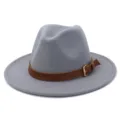 Grey wool felt fedora hat with brown leather belt detail, classic flat brim jazz hat. - 58cm / Light Gray
