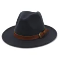 Detailed view of dark wool fedora hat with brown leather belt and metal buckle accessory. - 58cm / Dark Gray