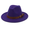 Purple wool fedora hat detail, featuring a brown leather belt with metal buckle, wide flat brim. - 58cm / Purple