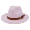 Pink fedora hat detail, wide flat brim, elegant brown leather belt with metal buckle decoration. - 58cm / Pink
