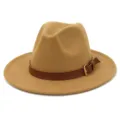 Classic wool felt fedora hat with brown leather belt detail, elegant flat brim design. - 58cm / Camel
