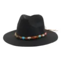 Détail chapeau de paille noir, grand chapeau de soleil avec bande tressée en pierres. - Noir