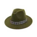 Λεπτομέρεια καπέλο fedora από μάλλινη τσόχα πράσινο, καρό κορδέλα, φαρδιά επίπεδη γείσο. - Ρυθμιζόμενο / Πράσινο του Στρατού