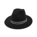 Sombrero fedora de fieltro de lana para mujer con elegante banda de cuadros y ala ancha. - Ajustable / Negro