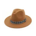 Sombrero fedora de lana para mujer con cinta de cuadros vintage ala ancha marrón - Ajustable / Caqui