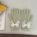 Femmes hiver mignon gants en tricot avec noeud en dentelle blanche gants thermiques - Vert clair