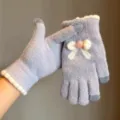 Gants tactiles tricotés mignons pour femmes avec nœud automne hiver mitaines chaudes - Taille unique / Bleu lac