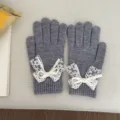 Gants en tricot gris pour femme hiver chaud gants tactiles avec joli nœud en dentelle. - Gris