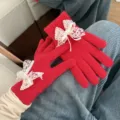Women winter red knit gloves with sweet white lace bow, cute warm thermal cold-weather mitts - Red