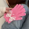 Pink knitted gloves for women winter cute warm touch screen fleece lined bow lace gloves - Pink