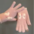 Pink touch screen knit gloves for women, cute winter warm wool gloves with 3D bow, new style. - One Size / Pink