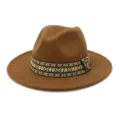 Classic brown fedora hat with colorful woven band, stylish wide flat brim wool cap. - 58cm / Khaki