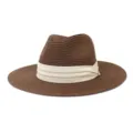 Classic brown woven straw fedora hat with elegant beige ribbon band for summer outdoor travel. - 58cm / Coffee
