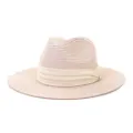 Detailed shot of the pink straw jazz hat, wide brim design with beige fabric band for sun. - 58cm / Pink