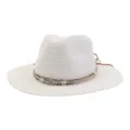 Gedetailleerd uitzicht op de witte geweven zomerse strandstrohoed met veren turquoise band. - Wit