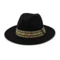 Sombrero fedora de lana negra con banda tejida de colores, ala plana elegante. - 58cm / Negro