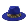 Sombrero fedora de fieltro de lana azul para hombre y mujer con cinta étnica ala plana - 58cm / Azul Zafiro