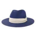 Detail shot of the navy blue woven straw fedora hat with elegant beige pleated ribbon band. - 58cm / Navy Blue