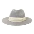 Detailed view of the grey straw fedora hat featuring a stylish beige fabric band design. - 58cm / Gray