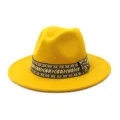 Detailed view of the yellow wool felt fedora hat featuring vibrant ethnic band style. - 58cm / Yellow