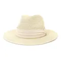 Close-up detail of beige straw fedora hat, classic woven texture and band trim accessory. - 58cm / Beige