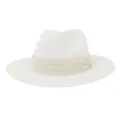 White straw fedora hat with beige ribbon band detail, summer beach sun protection. - 58cm / White