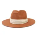 Detailed view of stylish straw fedora hat in caramel brown with elegant beige pleated ribbon. - 58cm / Caramel color