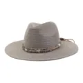 Grijze strooien hoed voor heren en dames, breed gerande strandhoed met stijlvolle decoratieve band. - Grijs