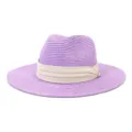 Purple straw sun hat for women and men, jazz fedora with beige ribbon band for summer beach. - 58cm / Light Purple