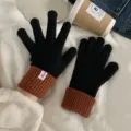 Women knit gloves black brown contrast cuff winter warm cozy touchscreen mittens - One Size / Black